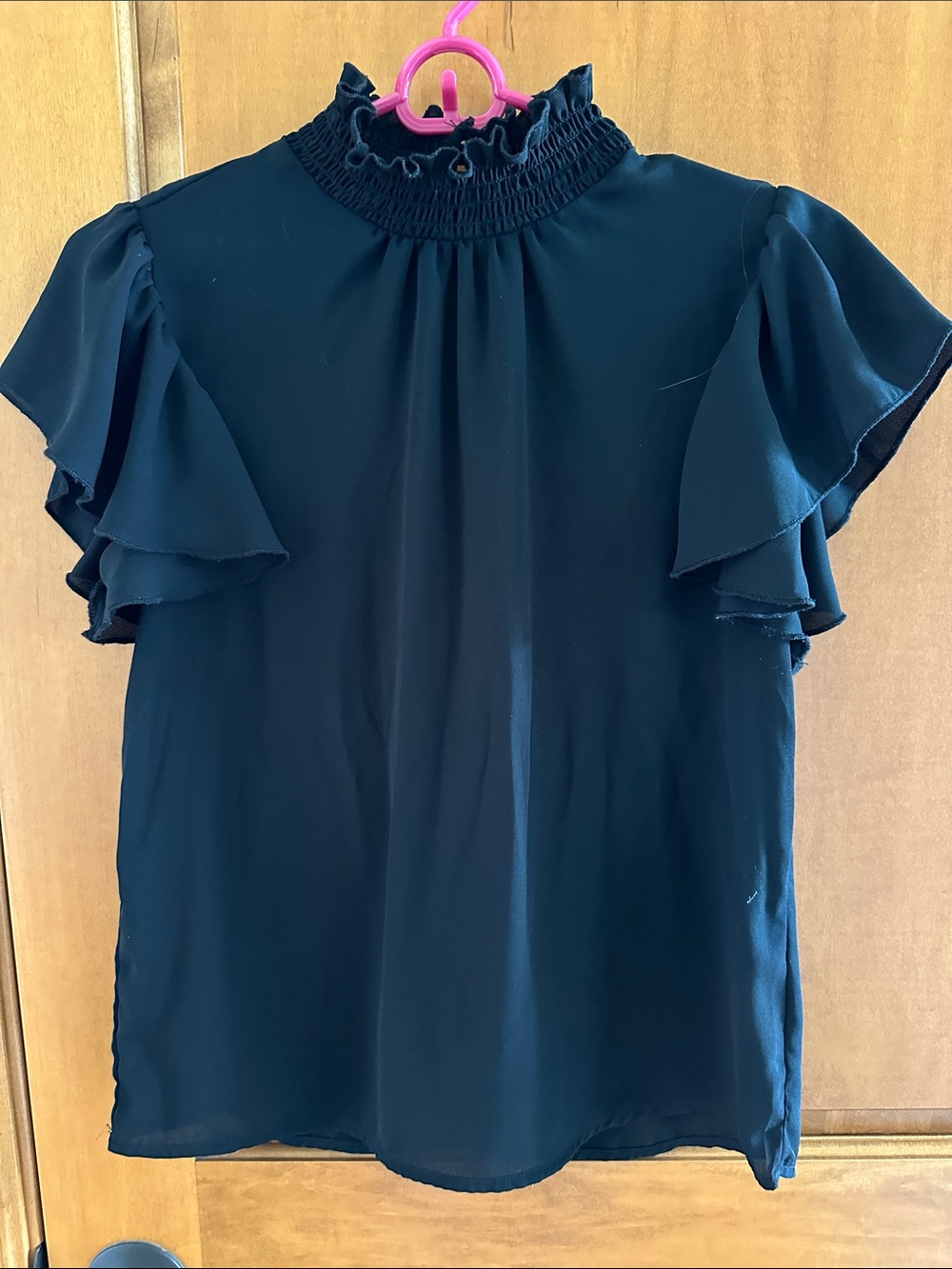 SHEIN Black Smocked Mock Neck Ruffle-Sleeve Blouse S 4